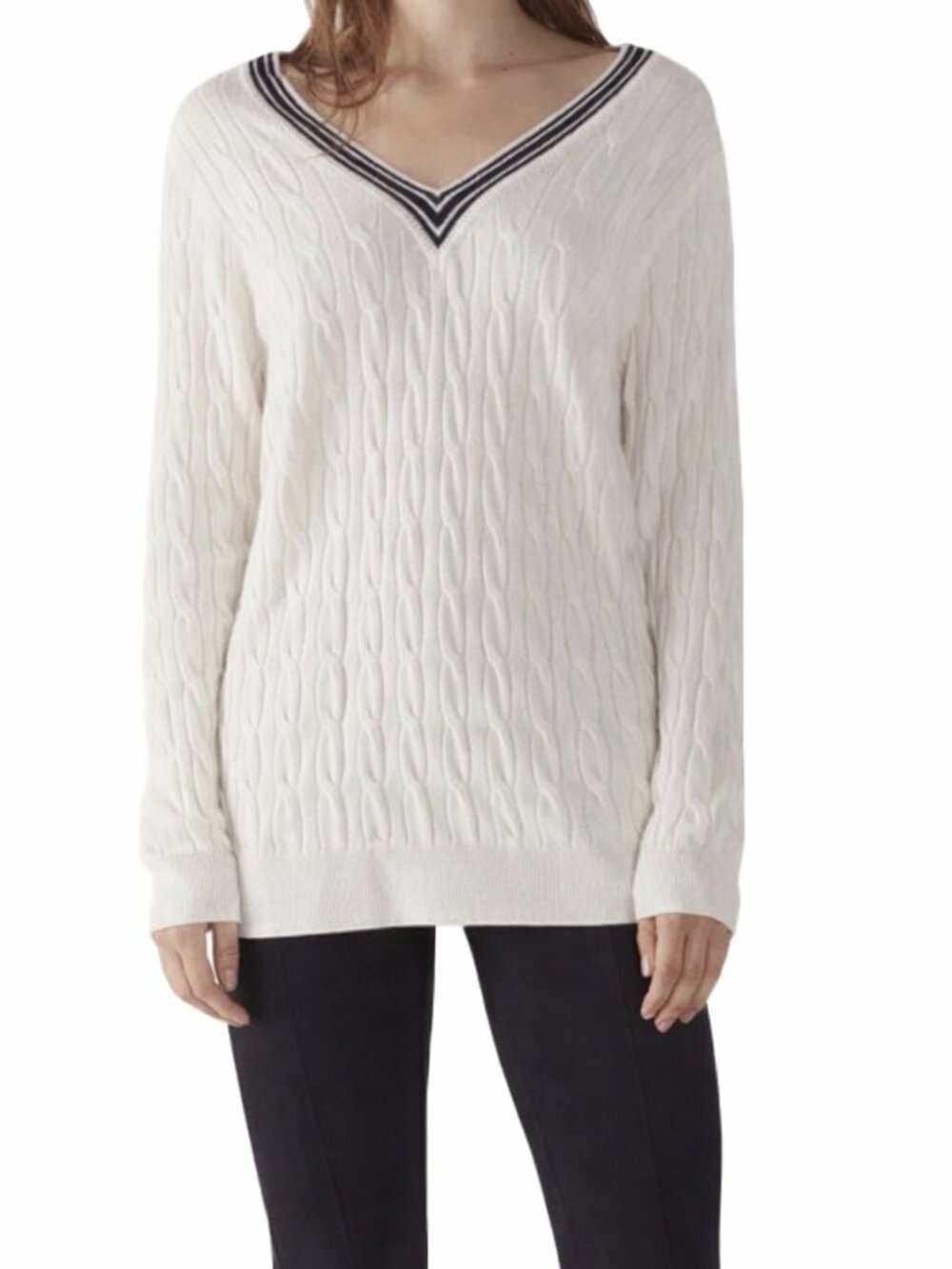 Sandro Paris Emma Sweater Womens Cream Navy Blue Cableknit V Neck Size 1/Small
